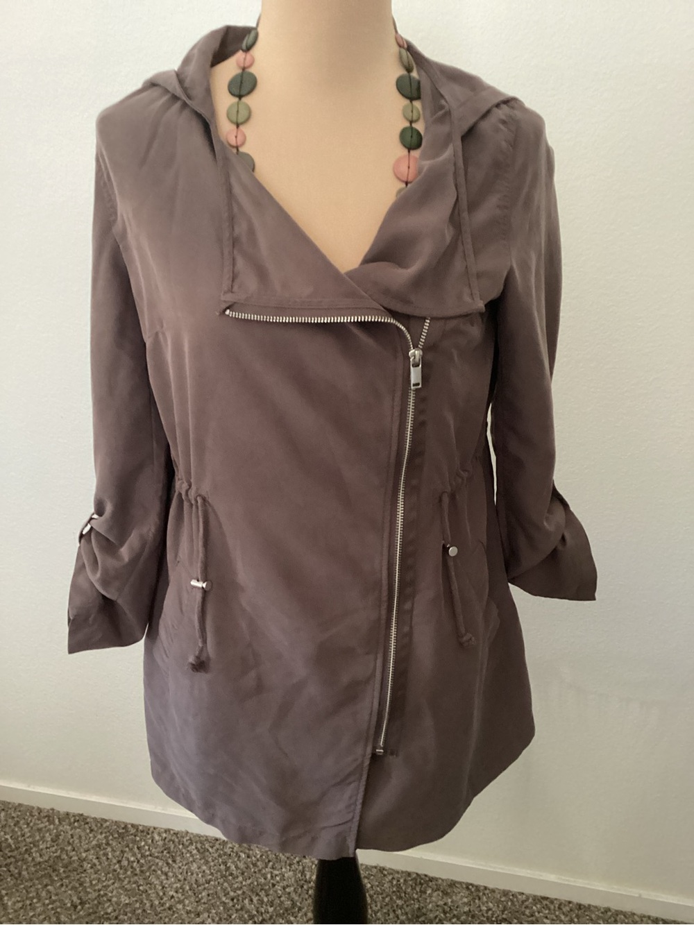 Divided Mauve Hooded Utility Jacket with Asymmetric Zip